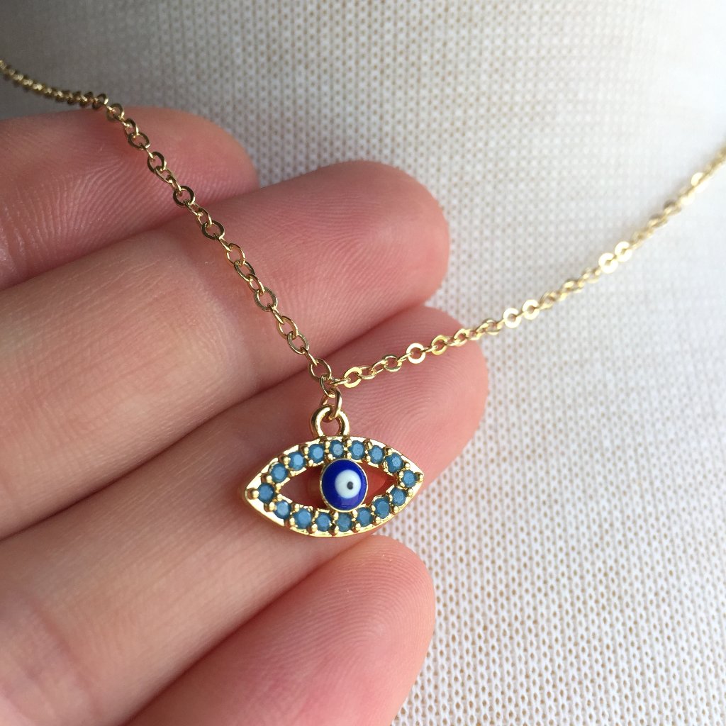 Turquoise Cz Evil Eye Charm Necklace
